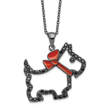 Sterling Silver Black RH-plated Blk CZ Scottie Terrier Red Collar Necklace