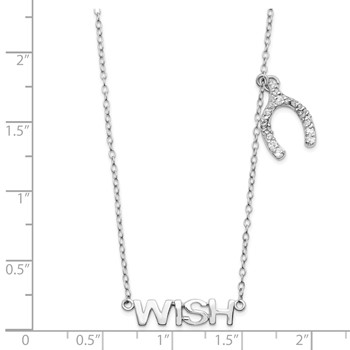 Sterling Silver Rhodium-plated Word WISH with CZ Wish Bone Charm Necklace — alternate view