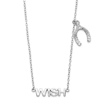 Sterling Silver Rhodium-plated Word WISH with CZ Wish Bone Charm Necklace