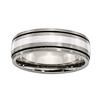 Titanium 7mm Brushed Light Center Silver Inlaid Strip w/Dark Edges Band