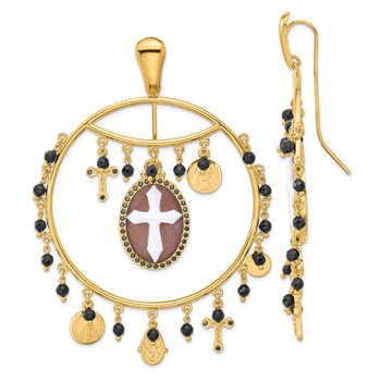 Sterling Silver 18k Gold-plated Polished Textured and Beaded Black CZ Religious Cameo Threader Earrings