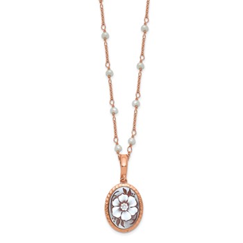Sterling Silver 18k Rose Gold-plated Polished Textured & Beaded Floral Cameo with Freshwater Cultured Pearls w/ 2in Ext Necklace — alternate view