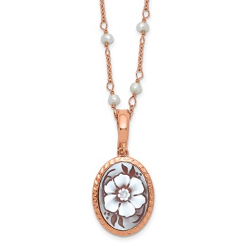 Sterling Silver 18k Rose Gold-plated Polished Textured & Beaded Floral Cameo with Freshwater Cultured Pearls w/ 2in Ext Necklace