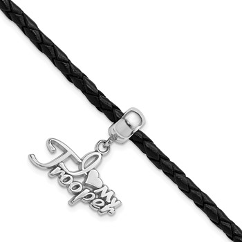 Sterling Silver Polished I Heart My Trooper Bead Leather Bracelet