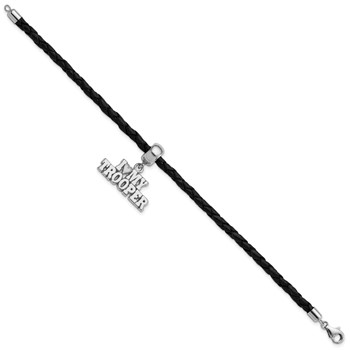 Sterling Silver Polished I Heart My Trooper Bead Leather Bracelet — alternate view