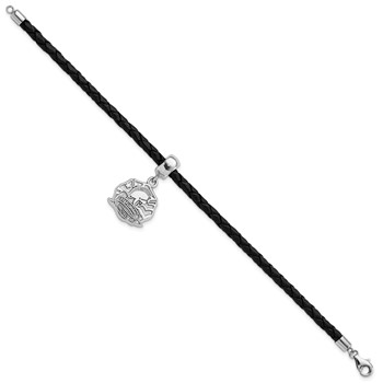 Sterling Silver Polished St. Florian Dangle Bead Leather Bracelet — alternate view