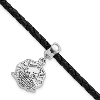 Sterling Silver Polished St. Florian Dangle Bead Leather Bracelet