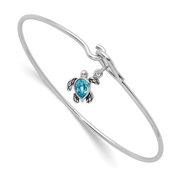 Sterling Silver Rhodium-plated Polished and Antiqued Thin Dangle Blue Crystal Turtle Hook Bangle
