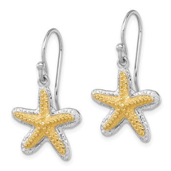 Sterling Silver Rhodium-plated Polished Gold-tone Star Fish Dangle Earrings — alternate view