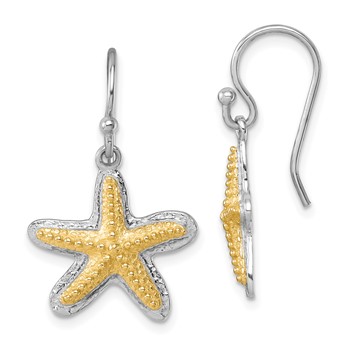 Sterling Silver Rhodium-plated Polished Gold-tone Star Fish Dangle Earrings