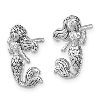 Sterling Silver Rhodium-Plated Antiqued Mermaid Earrings — alternate view