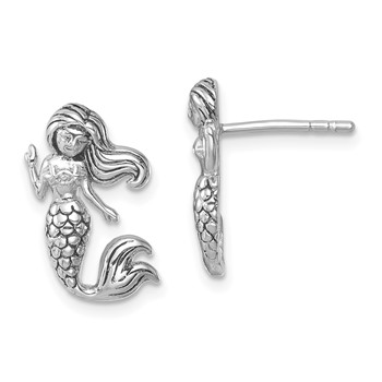 Sterling Silver Rhodium-Plated Antiqued Mermaid Earrings