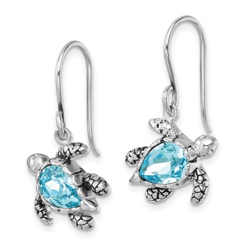 Sterling Silver Rhodium-plated Polished and Antiqued Blue Crystal Turtle Dangle Earrings — alternate view