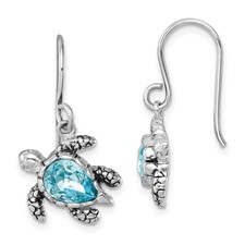 Image of Sterling Silver Rhodium-plated Polished and Antiqued Blue Crystal Turtle Dangle Earrings