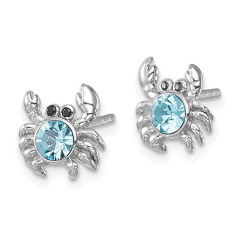 Sterling Silver Rhodium-plated Polished Blue Crystal Crab Post Earrings — alternate view