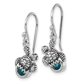 Sterling Silver Rhodium-Plated Antiqued Blue Crystal Hatching Turtle Dangle Earrings — alternate view