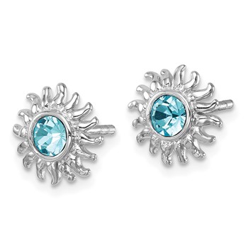 Sterling Silver Rhodium-Plated Polished Blue Crystal Sun Post Earrings — alternate view