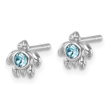 Sterling Silver Rhodium-Plated Polished Blue Crystal Inlay Tiny Turtle Post Earrings — alternate view