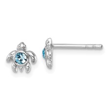 Image of Sterling Silver Rhodium-Plated Polished Blue Crystal Inlay Tiny Turtle Post Earrings