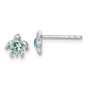 Sterling Silver Rhodium-Plated Polished Blue Crystal Inlay Tiny Turtle Post Earrings