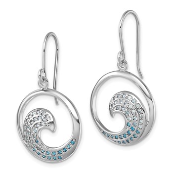 Sterling Silver Rhodium-Plated Polished CZ Wave Dangle Earrings — alternate view