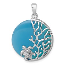 Sterling Silver Blue Agate Turtle and Reef Round Pendant Sterling Silver Blue Agate Turtle and Reef Round Pendant
