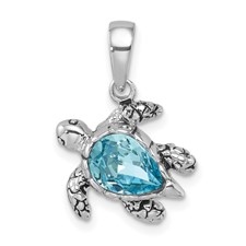 Image of Sterling Silver Rhodium-plated Polished and Antiqued Blue Crystal Turtle Pendant