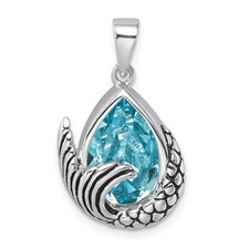 Image of Sterling Silver Rhodium-Plated Polished & Antiqued Crystal Mermaid Tail Pendant