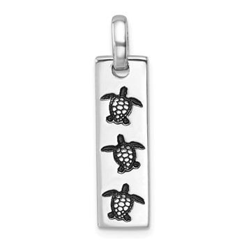 Sterling Silver Rhodium-Plated Antiqued Swimming Turtles Rectangle Pendant