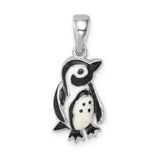 Image of Sterling Silver Rhodium-plated Polished Enamel Penguin Pendant