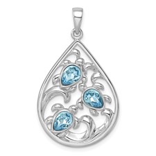 Image of Sterling Silver Rhodium-plated Polished Triple Crystal Turtle Ocean Wave Pendant