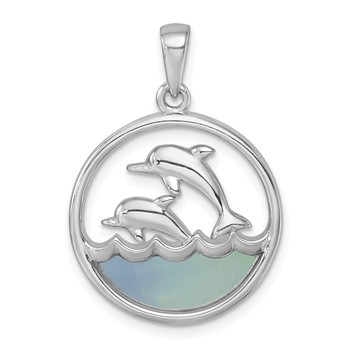 Sterling Silver Rhodium-plated Polished Round Blue Agate Double Dolphin Pendant