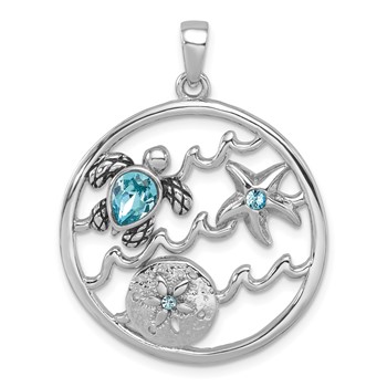 Sterling Silver Rhodium-plated Polished and Antiqued Round Crystal Sealife Pendant