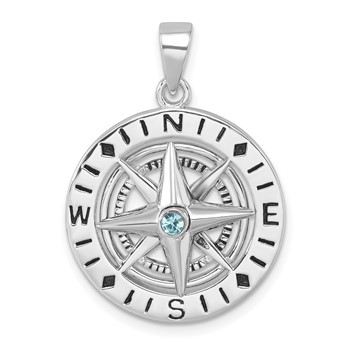 Sterling Silver Rhodium-Plated Polished Moveable Crystal Compass Pendant