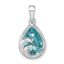 Image of Sterling Silver Rhodium-Plated Polished Crystal Wave Tear Drop Pendant