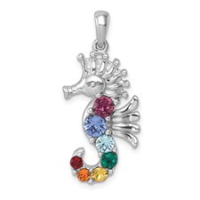 Image of Sterling Silver Rhodium-plated Polished Multi-Color Crystal Seahorse Pendant