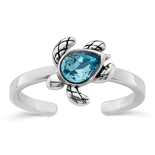 Sterling Silver Rh-plated Antiqued Adjustable Turtle Crystal Inlay Ring