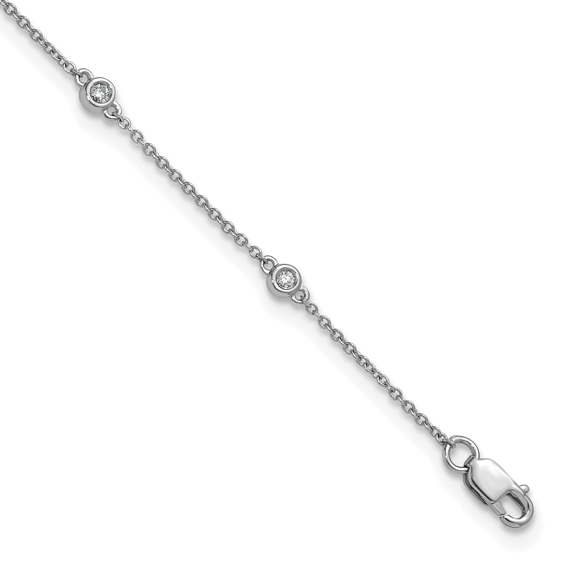 14k White Gold Complete 1/8 carat Bezel-set Diamond and Cable Chain 8-Station 9 inch Anklet