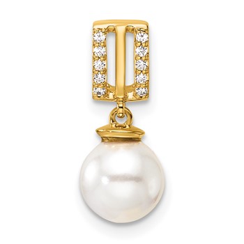 14K Polished 1/20 carat Diamond and White Freshwater Cultured Pearl Chain Slide