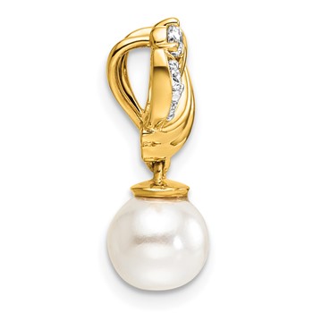 14K Polished 1/10 carat Diamond and White Freshwater Cultured Pearl Chain Slide — alternate view