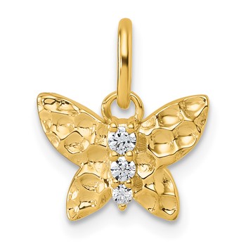 14K Polished and Hammered Diamond Butterfly Pendant