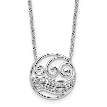 14K White Gold Polished 1/6 carat Diamond Circle with Waves 18 inch Necklace