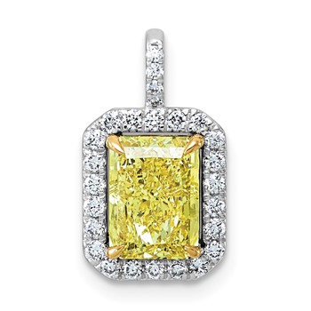Emma Grace 14K Two-Tone 2 1/4 carat Certified Lab Grown Diamond VS+ Emerald Vivid Yellow Center VS+ F+ Halo Complete Pendant