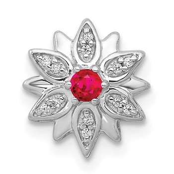 14k White Gold 1/20 carat Diamond and Ruby Flower Chain Slide