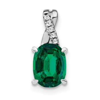 14k Yellow Gold Oval Created Emerald and Diamond Pendant