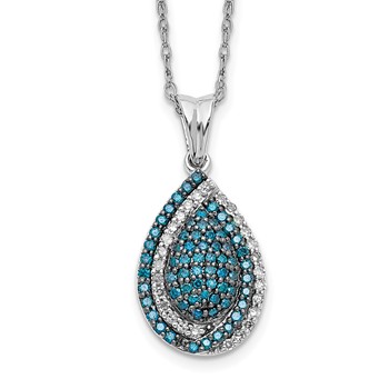 14k White Gold 1/2 carat Blue and White Diamond Teardrop Pendant 18 inch Necklace