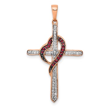 14k Rose Gold Red and White 1/4 carat Diamond Cross with Heart Pendant