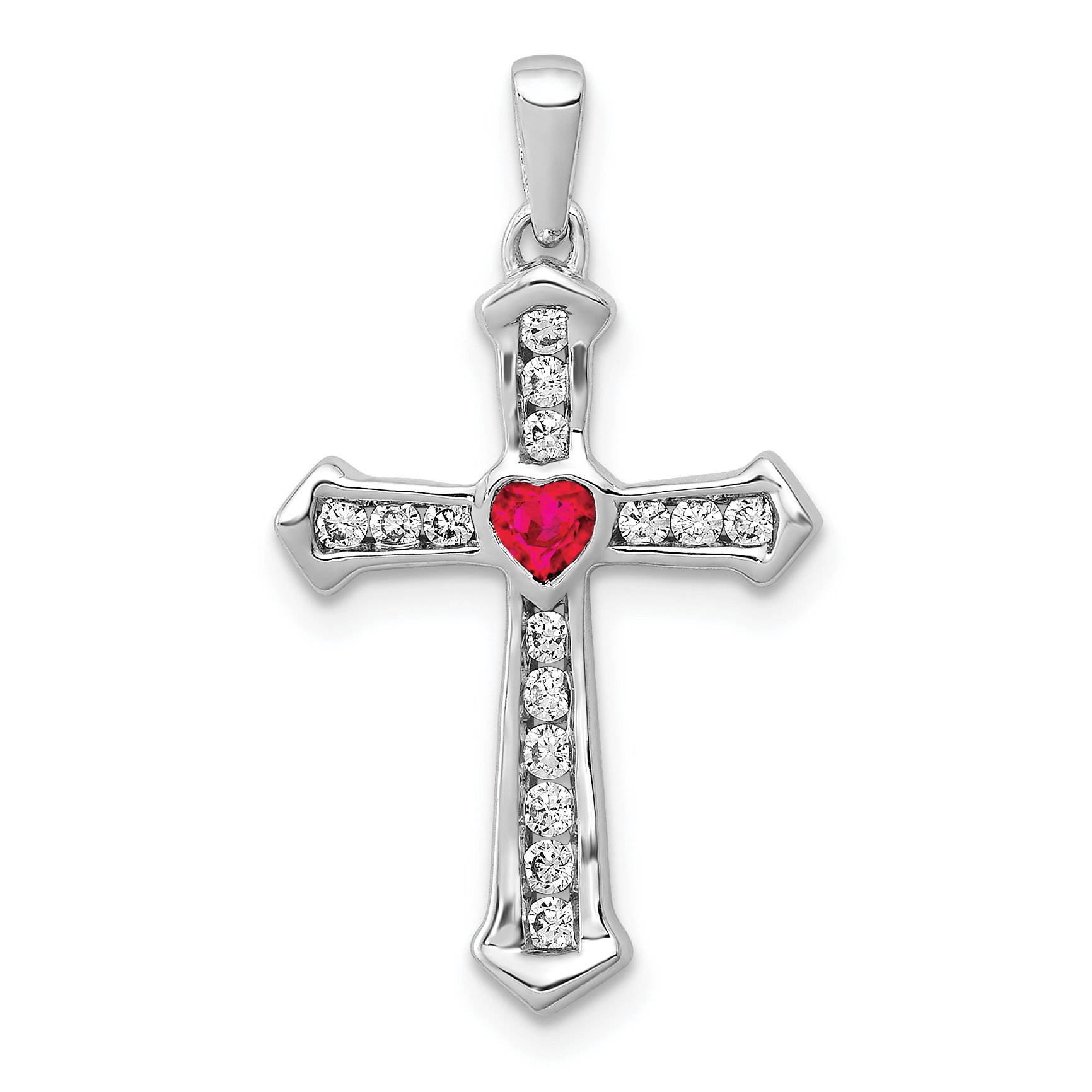 10K White Gold 1/5 carat Diamond and Ruby Heart Cross Pendant