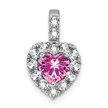 14k White Gold Lab Created Pink Sapphire and White Topaz Halo Heart Pendant