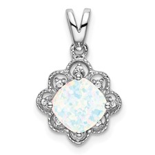Image of 14k White Gold Created Opal and Diamond Scalloped Pendant